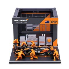 Model Bburago McLaren F1 1:43 Oscar Piastri s modelom boxu